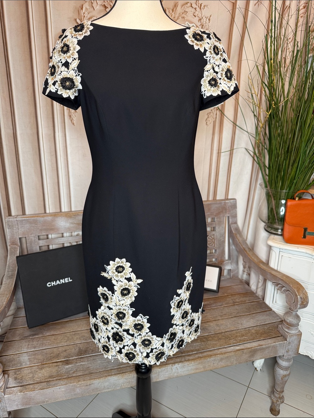 TONY  WARD Black Dress with Ivory Floral Appliqué